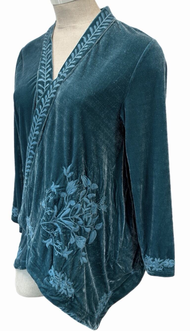 Floriana Teal Velvet Wrap Cardigan Embroidered Floral Open Front Boho Size XL